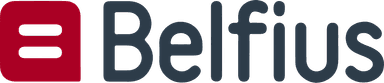 Logo de Belfius avec une partie rouge et le mot "Belfius" en lettres grises.