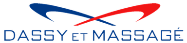 Logo de Dassy et Massagé avec un design de courbes bleu et rouge.